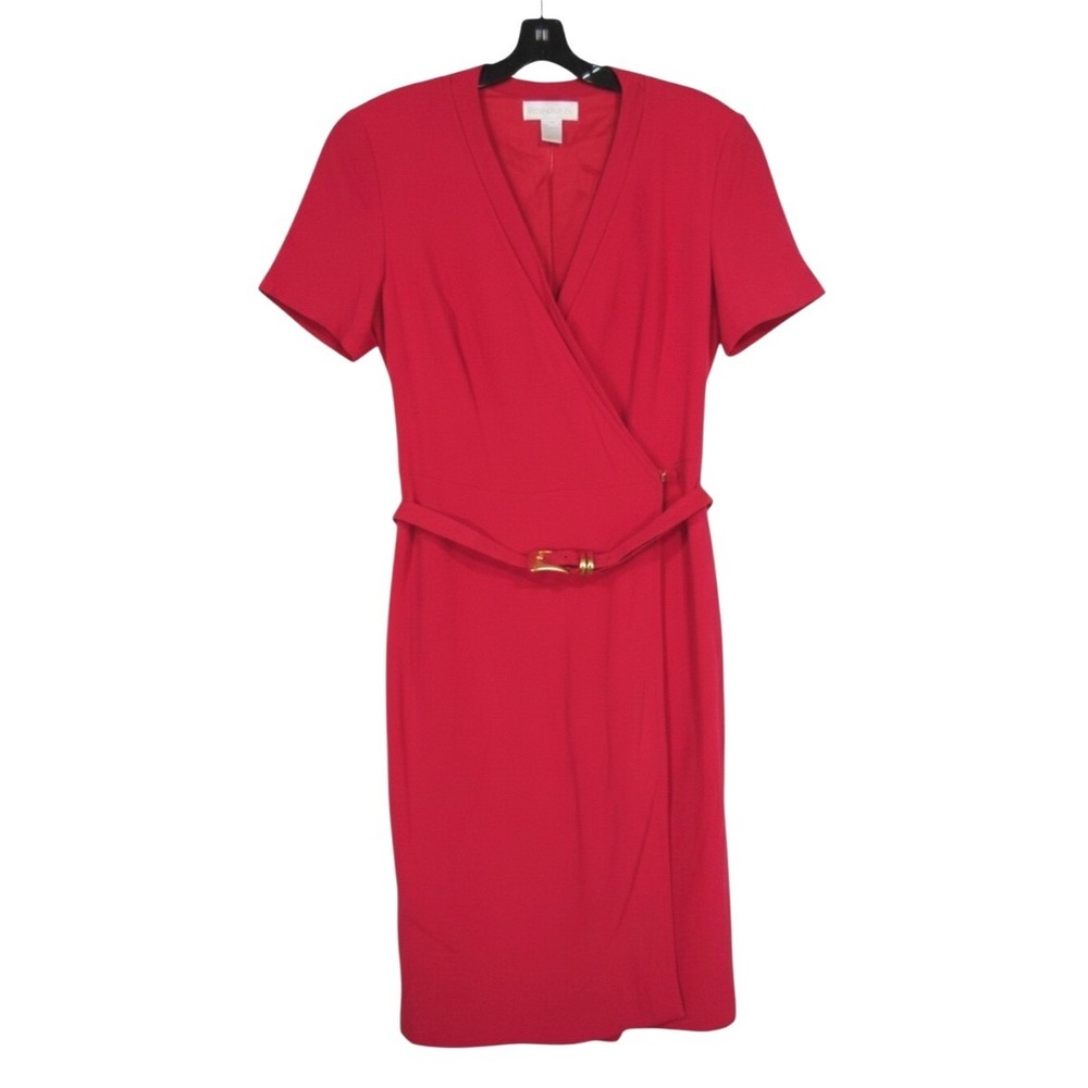 VTG BARRIE PACE Lined SILK Belted V-NECK Red BUTTON SURPLICE Sheath Dress Sz 18